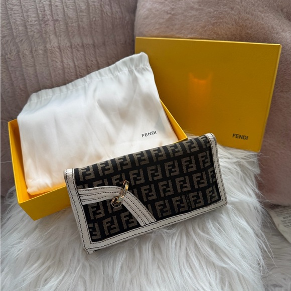 Fendi Handbags - AUTHENTIC Fendi Black and Brown FF Canvas Continental Wallet with White Trim.